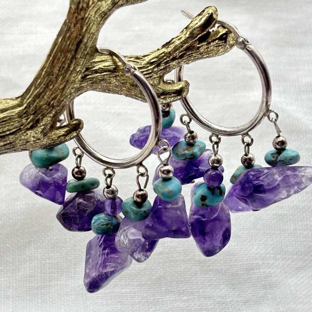 Vintage Sterling Silver Amethyst Turquoise Hoop Earrings Signed ATI Pierced